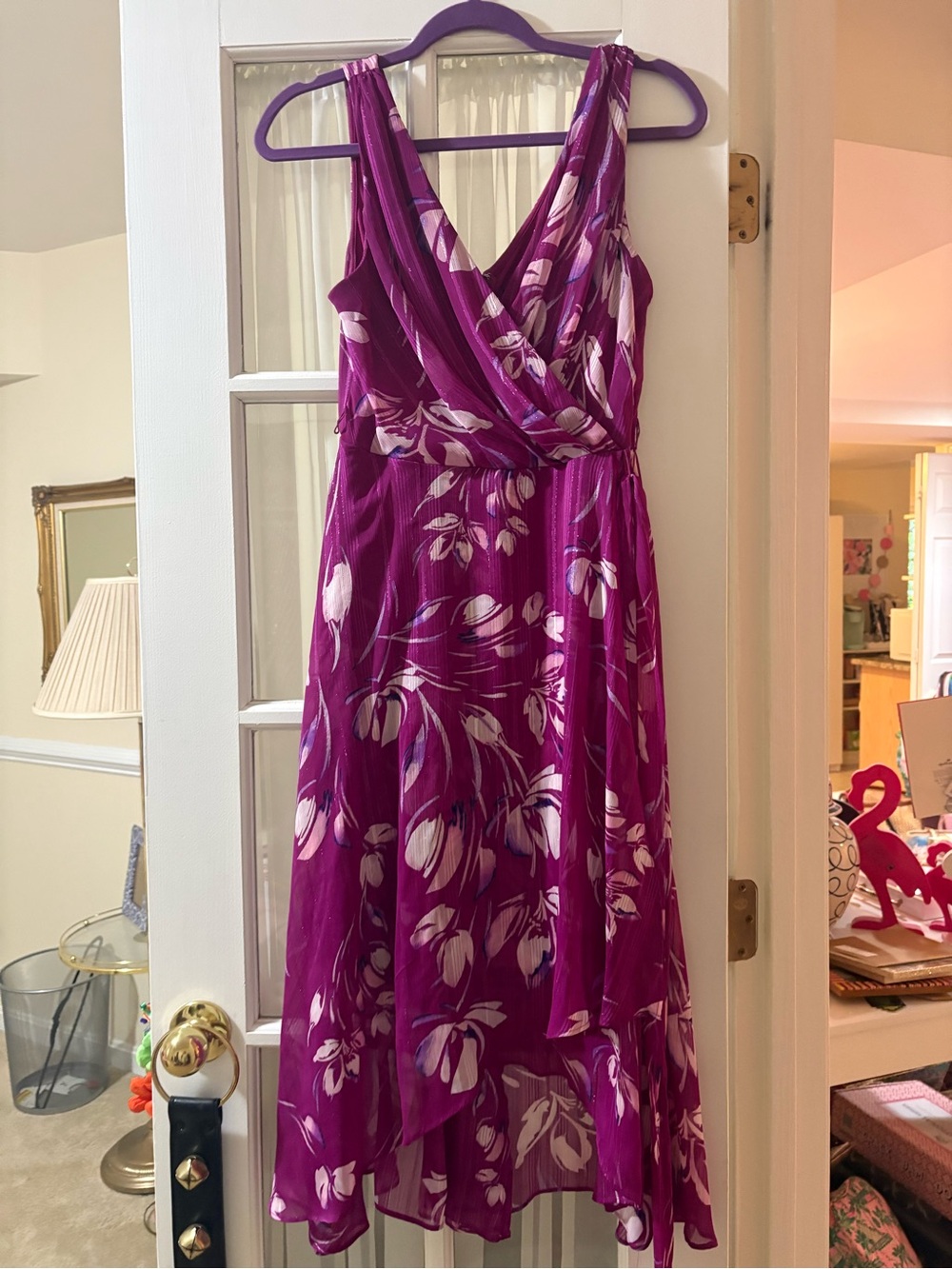 DKNY Magenta Floral High-Low Sleeveless Wrap Dress